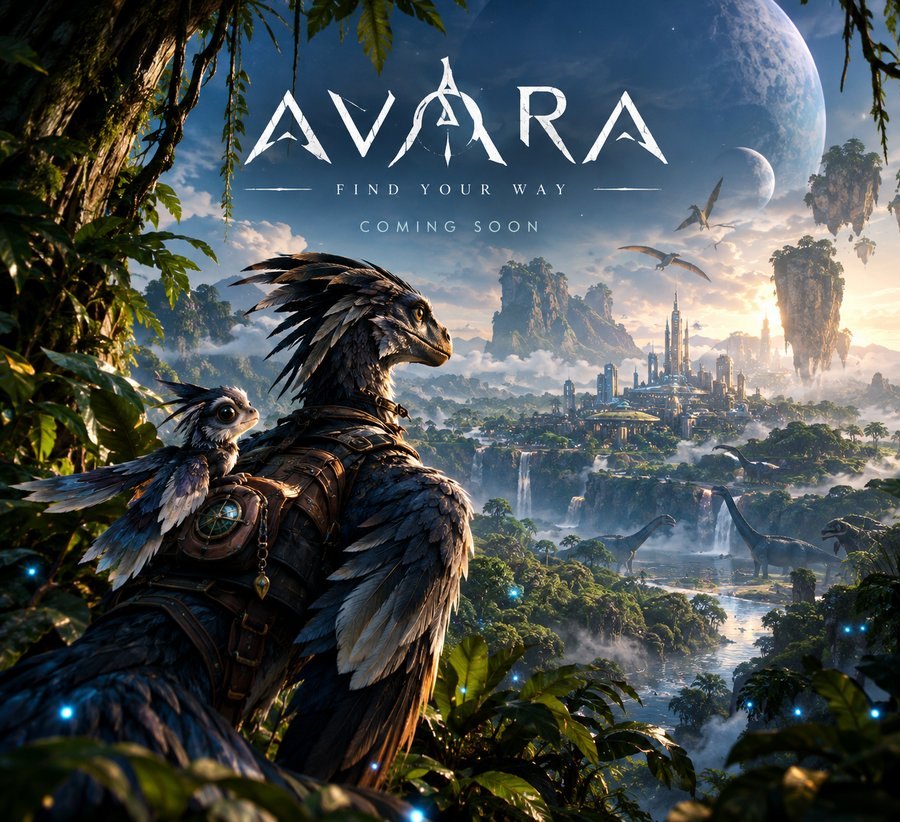 AVARA key art: a feathered Troodon wayfinder with a small companion on its shoulder looks out over a jungle valley, a distant city and floating islands